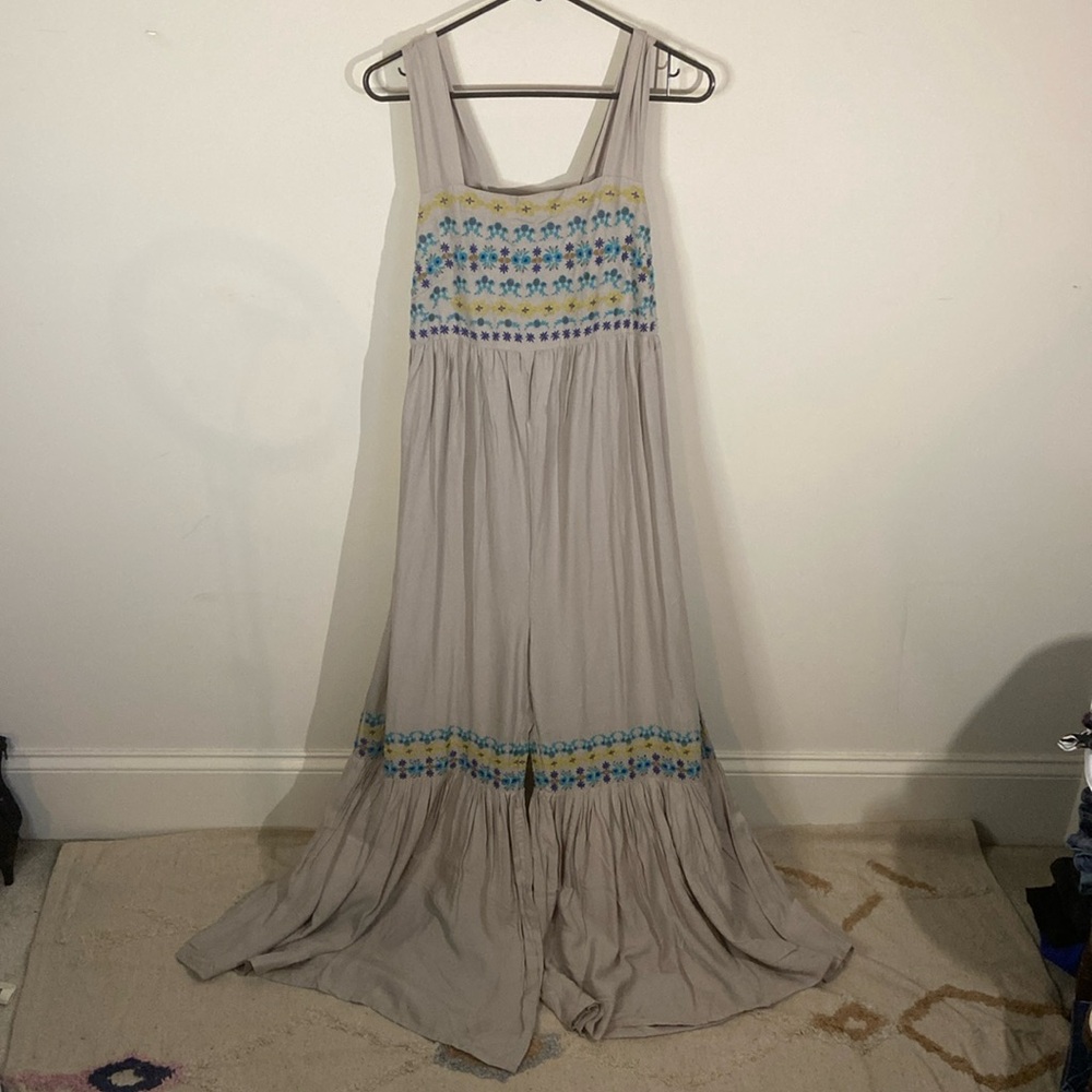 Natural Life Bell Bottom Flare Beige Jumpsuit w/ Floral Embroidery Size M
